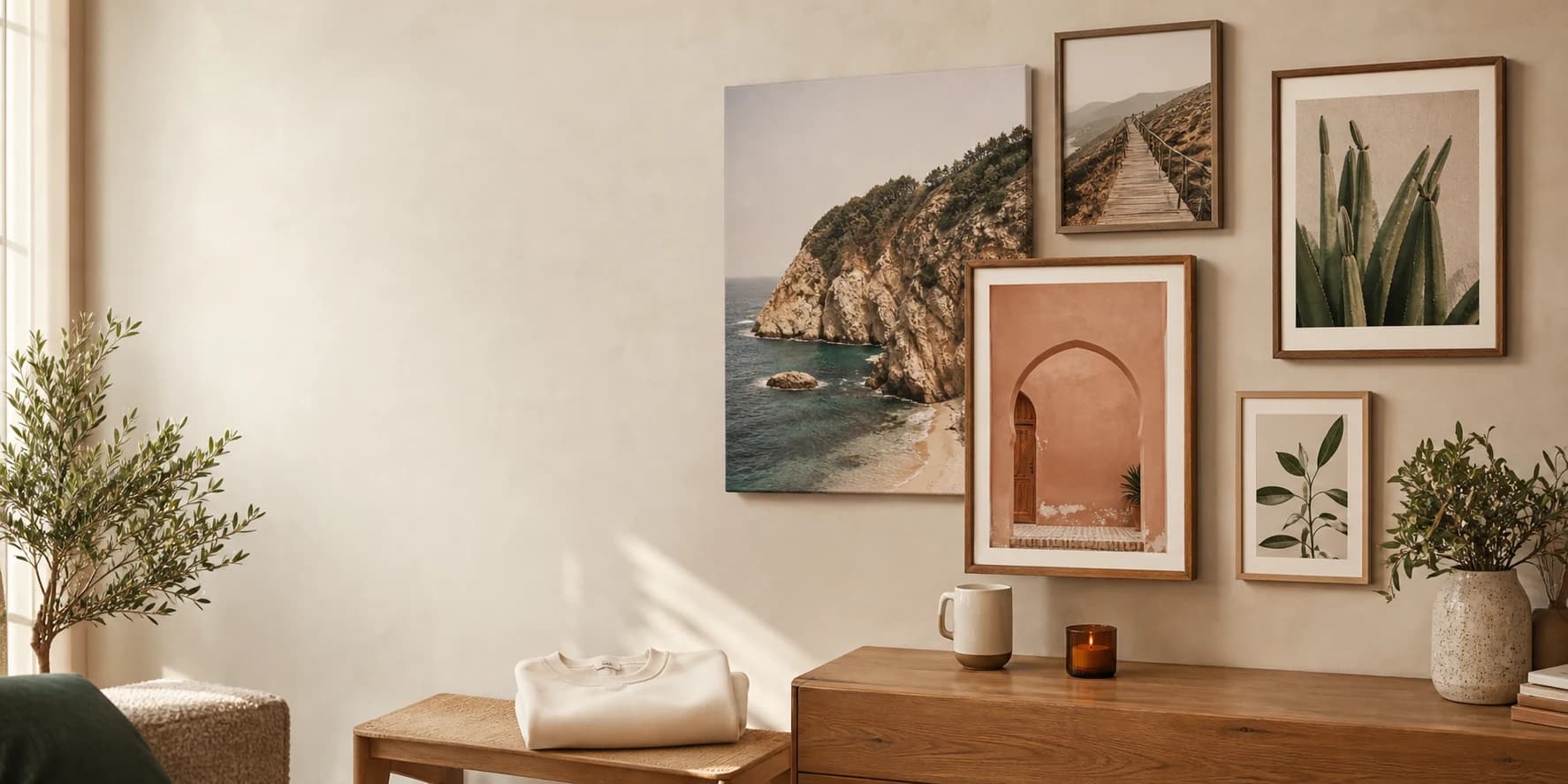 Sunlit wall art arranged above an oak sideboard, with coastal photographs, botanical prints and warm natural frames