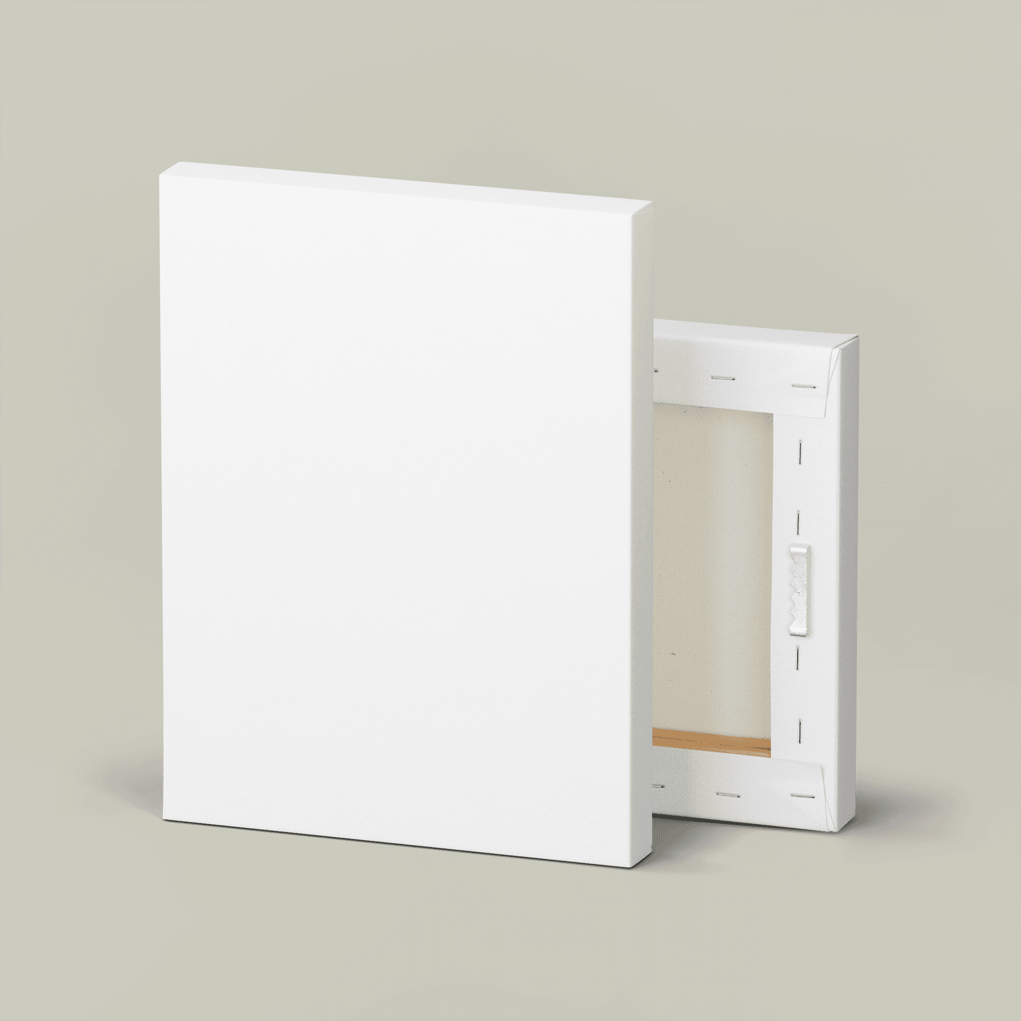 The front and back of a stretched canvas, showing its depth, wrapped edges and hanging hardware